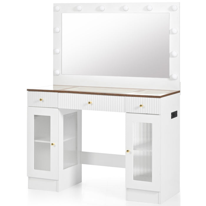 43.3' Vanity Desk with Large Mirror and Hollywood Bulbs, Modern Glass Top Makeup Vanity with Drawers and Power Outlet, Large Dressing Table with 3 Color Lighting Modes & RGB Cabinets for Bedroom - DTYStore