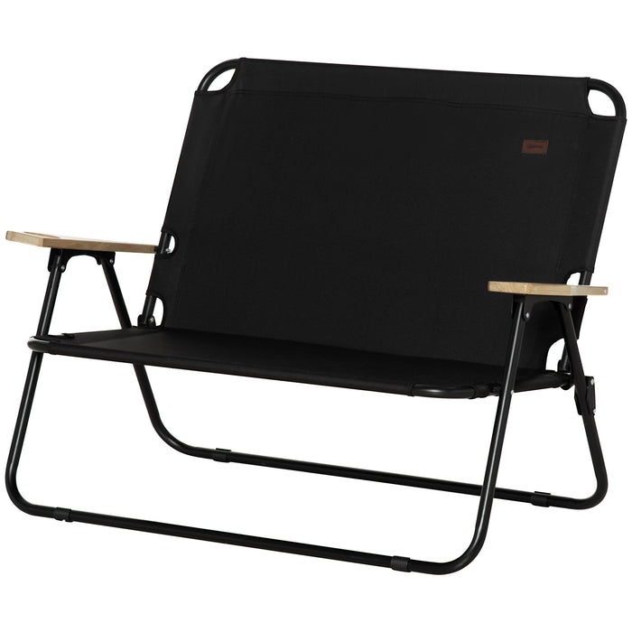Outsunny Double Folding Camping Chair, Loveseat for 2 Adults, Portable Camping Couch with Wood Armrest & Cupholders, for Backpacking, Beach, Sports Travel, Black - DTYStore