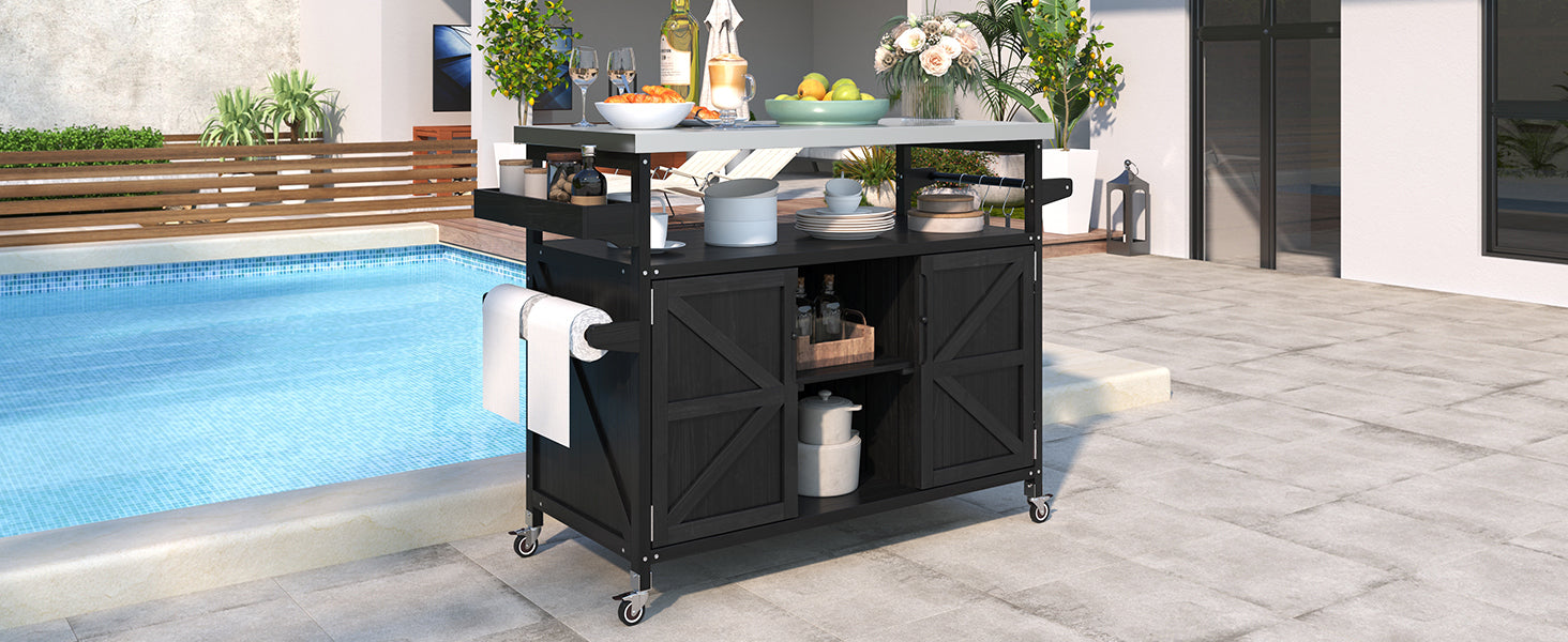 Outdoor Kitchen Island, Rolling Bar Cart & Storage Cabinet, Farmhouse Solid Wood Outdoor Grill Table with Stainless Steel Top, Spice Rack , Towel Rack for Kitchen & Barbecue, Black - DTYStore