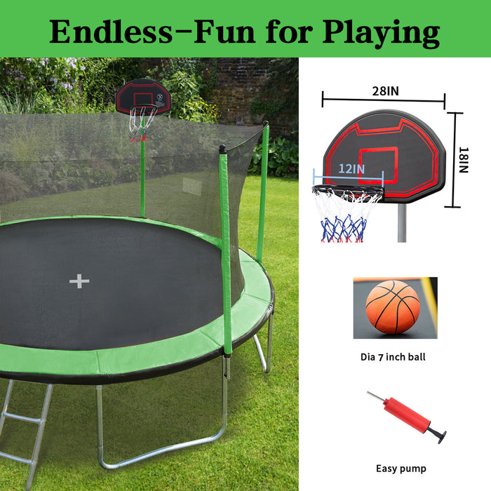 15FT Trampoline with Basketball Hoop Inflator and Ladder(Inner Safety Enclosure) Green - DTYStore