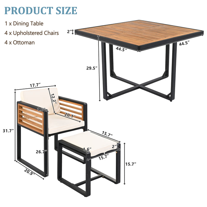 GO 9-Pieces Acacia Wood Patio Dining Set, Space Saving Outdoor Patio Set, 4 Cushioned Chairs & 4 Ottomans & 1 Square Table, for Backyard, Garden, Deck and Poolside, Beige - DTYStore