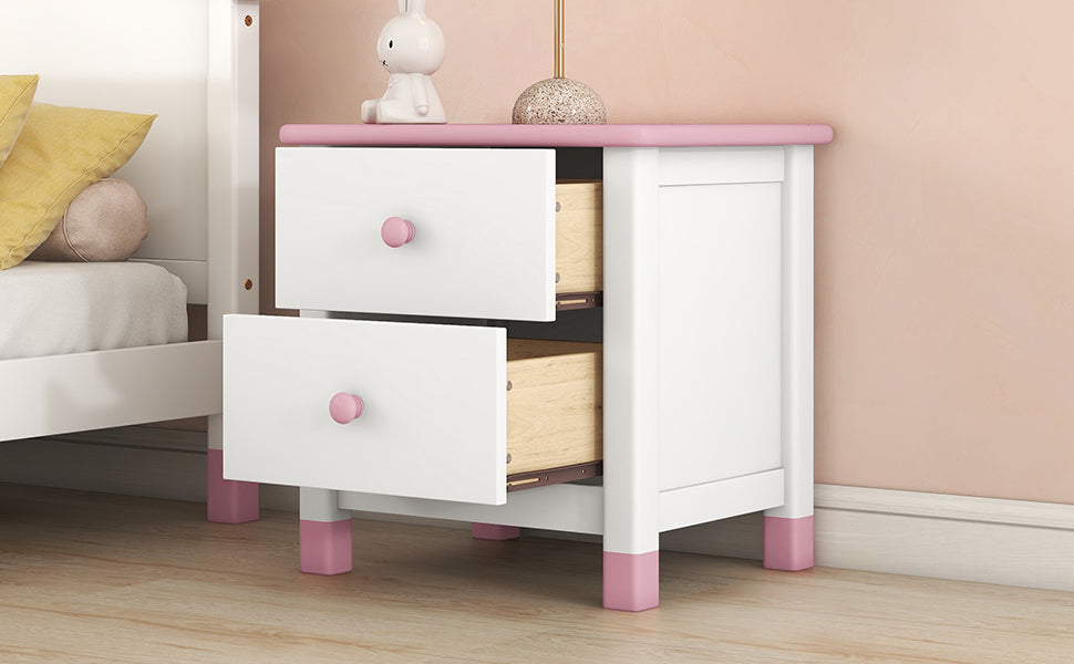 Wooden Nightstand with Two Drawers for Kids,End Table for Bedroom,White+Pink(Old SKU: WF297965AAH) - DTYStore