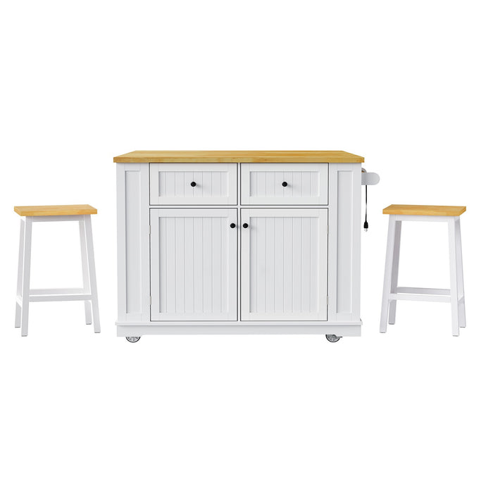 48inch Large Kitchen Island with 2 Bar Stools, Power Outlet, Door Internal Storage Rack, Kitchen Storage Cart on 5 Wheels with Drop Leaf, 5 Open Side Racks, 2 Drawers,for Kitchen,Dining Room,White - DTYStore