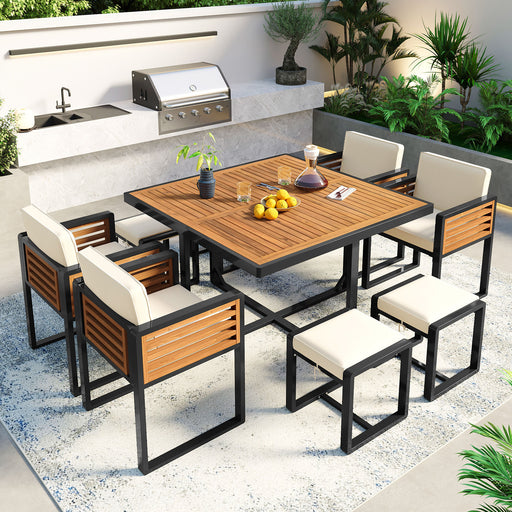 GO 9-Pieces Acacia Wood Patio Dining Set, Space Saving Outdoor Patio Set, 4 Cushioned Chairs & 4 Ottomans & 1 Square Table, for Backyard, Garden, Deck and Poolside, Beige - DTYStore