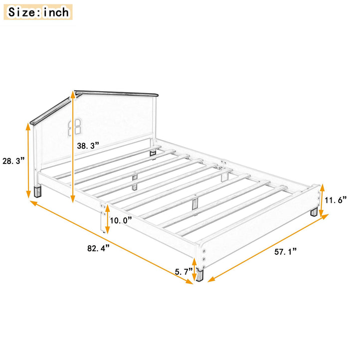 Full Size Wood Platform Bed with House-shaped Headboard (Cream+Walnut)