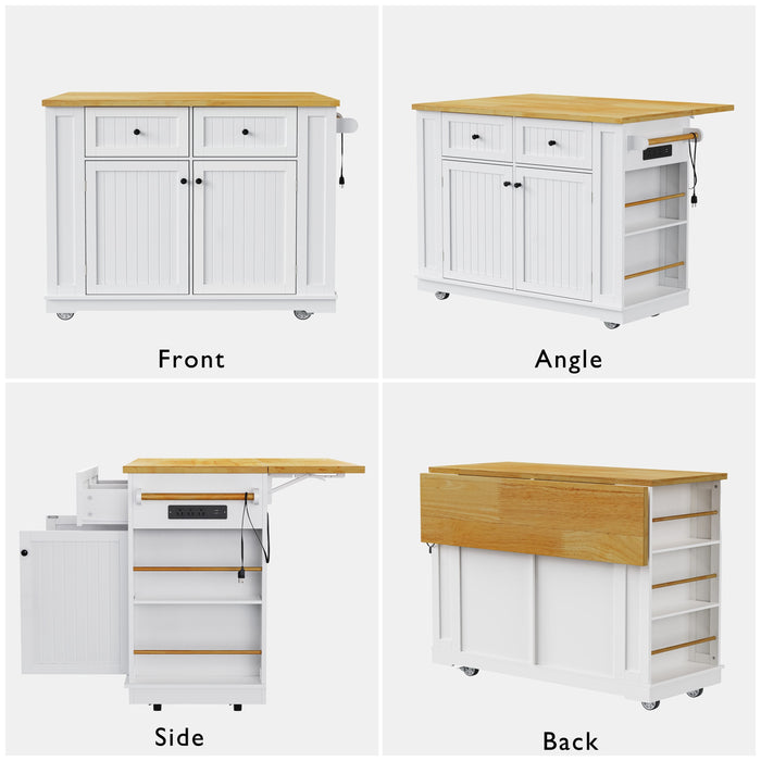 48inch Large Kitchen Island with 2 Bar Stools, Power Outlet, Door Internal Storage Rack, Kitchen Storage Cart on 5 Wheels with Drop Leaf, 5 Open Side Racks, 2 Drawers,for Kitchen,Dining Room,White - DTYStore