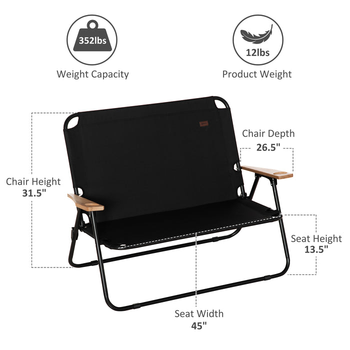 Outsunny Double Folding Camping Chair, Loveseat for 2 Adults, Portable Camping Couch with Wood Armrest & Cupholders, for Backpacking, Beach, Sports Travel, Black - DTYStore