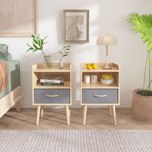 2PC Nightstand With Collapsible Fabric Drawer, 2-Tier Storage End Table, Wood Side Table with Storage Cabinet for Bedroom, Living Room - Oak - DTYStore
