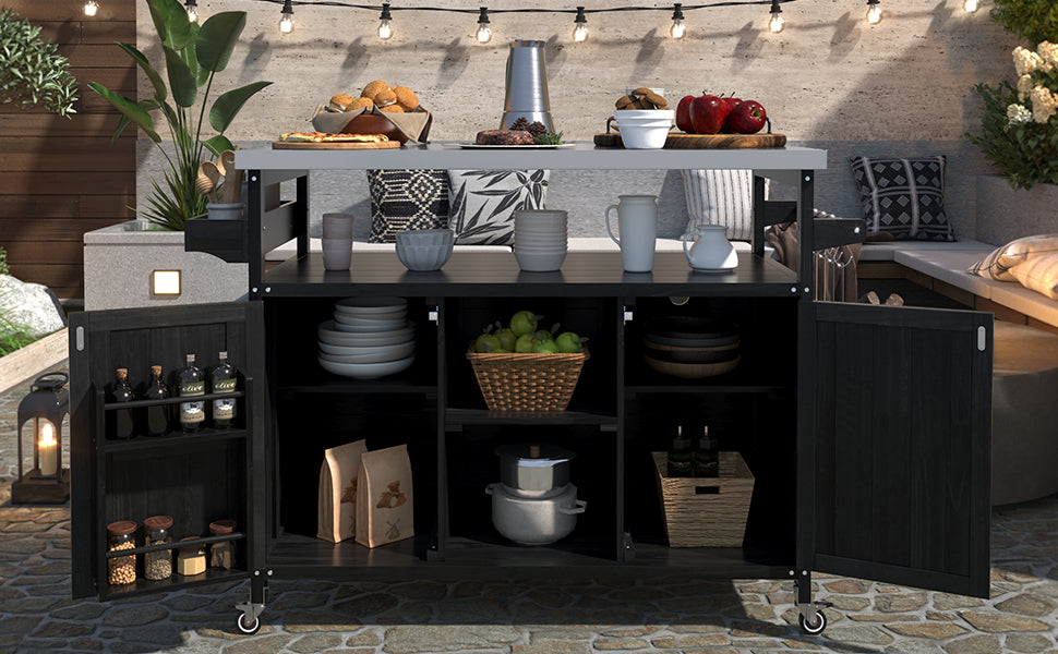 Outdoor Kitchen Island, Rolling Bar Cart & Storage Cabinet, Farmhouse Solid Wood Outdoor Grill Table with Stainless Steel Top, Spice Rack , Towel Rack for Kitchen & Barbecue, Black - DTYStore