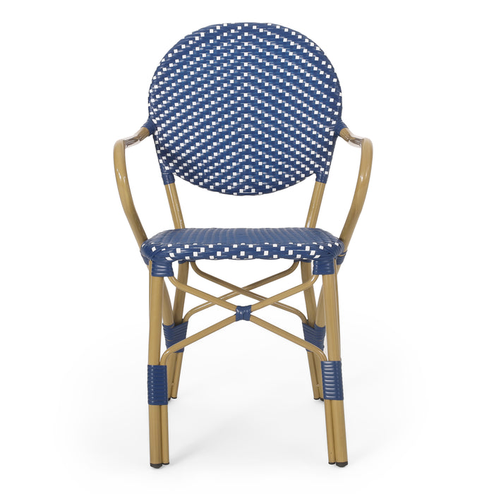 Outdoor PE Rattan and Aluminum 3 Piece French Bistro Set, Dark Teal & White, and Bamboo Finish - DTYStore