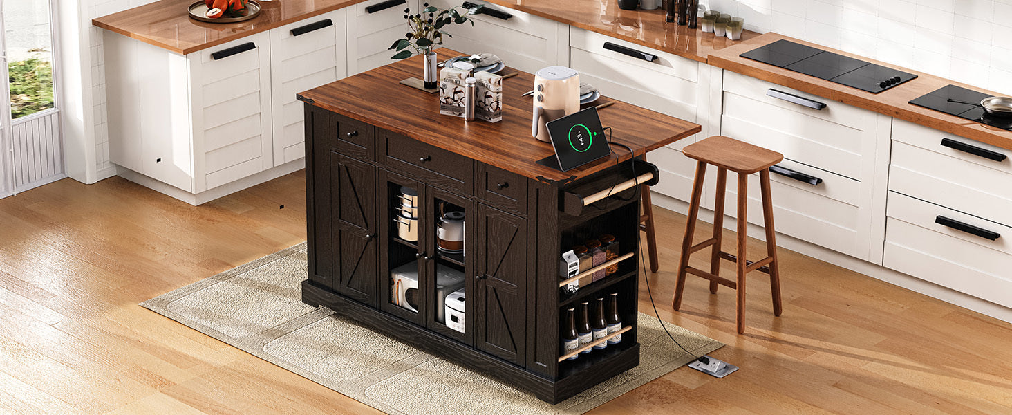 53'' Farmhouse Kitchen Island with Two Tempered Glass Cabinet Doors, Power Outlet, Rolling Kitchen Cart on Wheels with Drop Leaf, 5 Open Side Racks, 3 Drawers, for Kitchen, Dining Room, Black - DTYStore