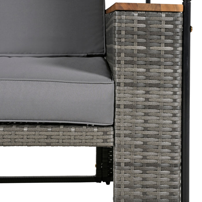 2-Piece Outdoor Rattan Daybed, Outdoor Bed with 5 Positions, Outdoor Loveseat Patio Sofa with Bench Lounge Roof Set and Cushions for Poolside, Backyard and Garden (Grey Wicker + Grey Fabric) - DTYStore