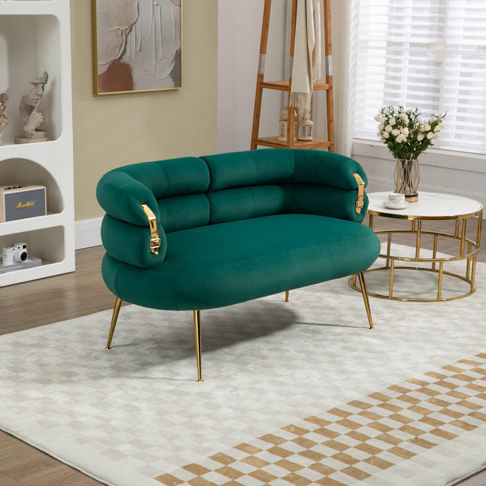 COOLMORE Small Loveseat Sofa, Upholstered Mini Couch with Curved Backrest with Stylish Golden Decor, Small Comfy Love Seat Leisure Accent Couch for Living Room, Bedroom, Office (Green)