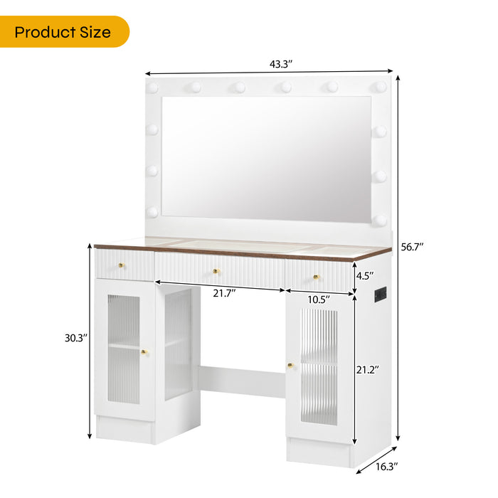 43.3' Vanity Desk with Large Mirror and Hollywood Bulbs, Modern Glass Top Makeup Vanity with Drawers and Power Outlet, Large Dressing Table with 3 Color Lighting Modes & RGB Cabinets for Bedroom - DTYStore