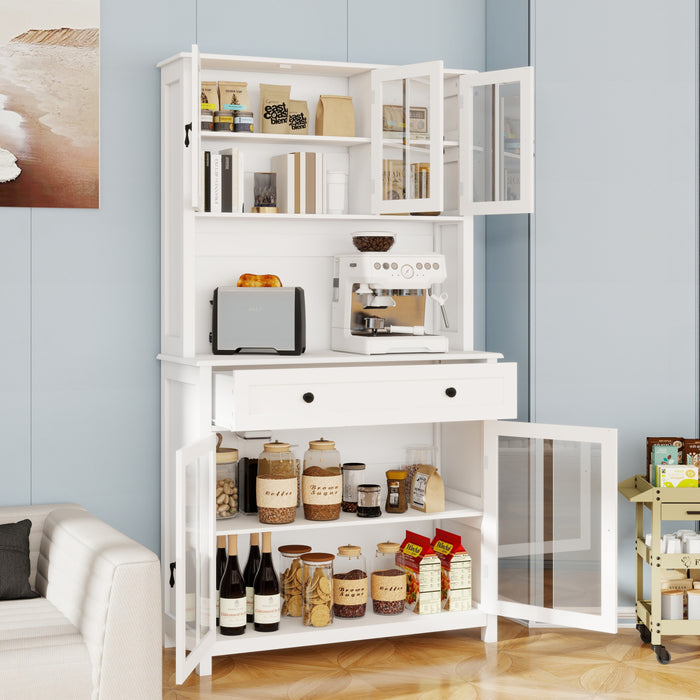 71' Pantry Storage Cabinet with Microwave Oven Countertop, Freestanding Hutch Cabinet with 3 Adjustable Shelves, 5 glass Doors and 1 Large Drawer-White - DTYStore