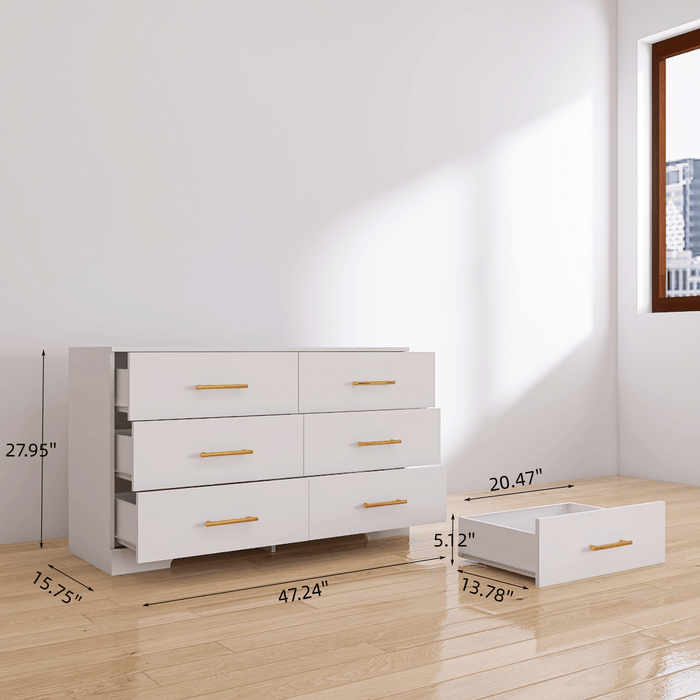 White Color Large 6 Drawers Chest of Drawer Dressers Table with golden handle