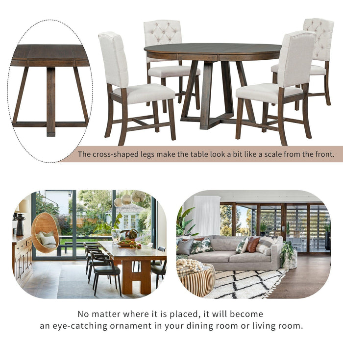 5-Piece Retro Functional Dining Set, Round Table with 16"W Leaf and 4 Upholstered Chairs