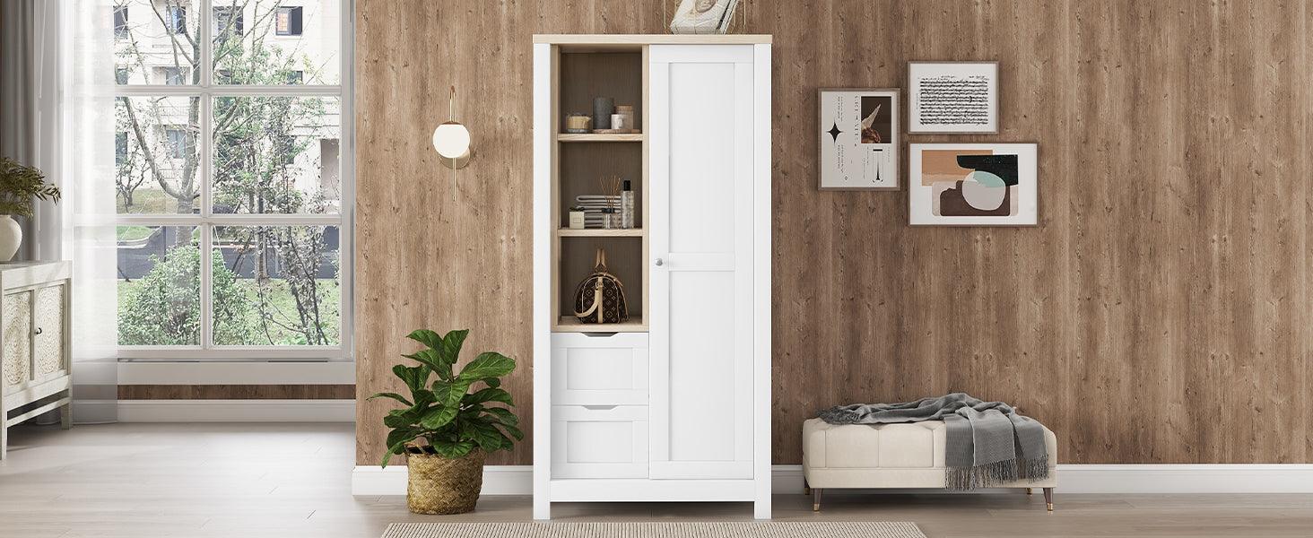 Bedroom Storage Wardrobe with Hanging Rods and 2 Drawers and Open Shelves,Sliding Door,White