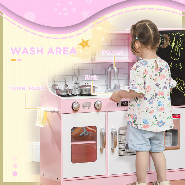 Play Kitchen, Kids Kitchen Playset Pretend Play Toy Kitchen with Play Phone, Chalkboard, Towel Rack, Ice Maker, 5 Accessories, Storage Space, Microwave & Sink, Gift for 3-8 Years, Pink