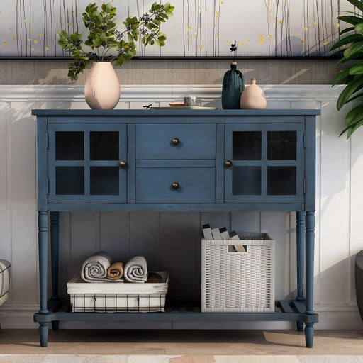 Sideboard Console Table with Bottom Shelf, Farmhouse Wood/Glass Buffet Storage Cabinet Living Room (Antique Navy) - DTYStore