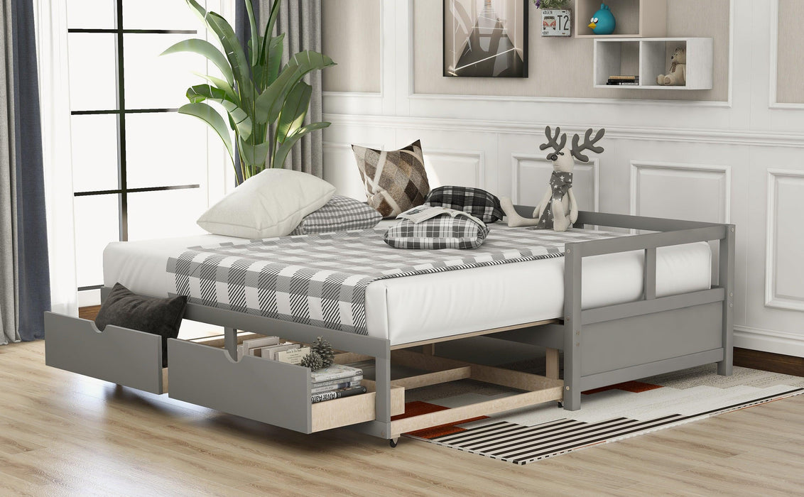 Wooden Daybed with Trundle Bed and Two Storage Drawers , Extendable Bed Daybed,Sofa Bed for Bedroom Living Room, Gray - DTYStore