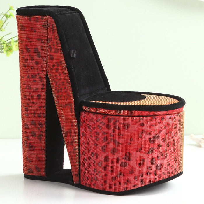 9" Tall Display Jewelry Box with Hidden Storage, High Heel Shoe Design, Leopard Print