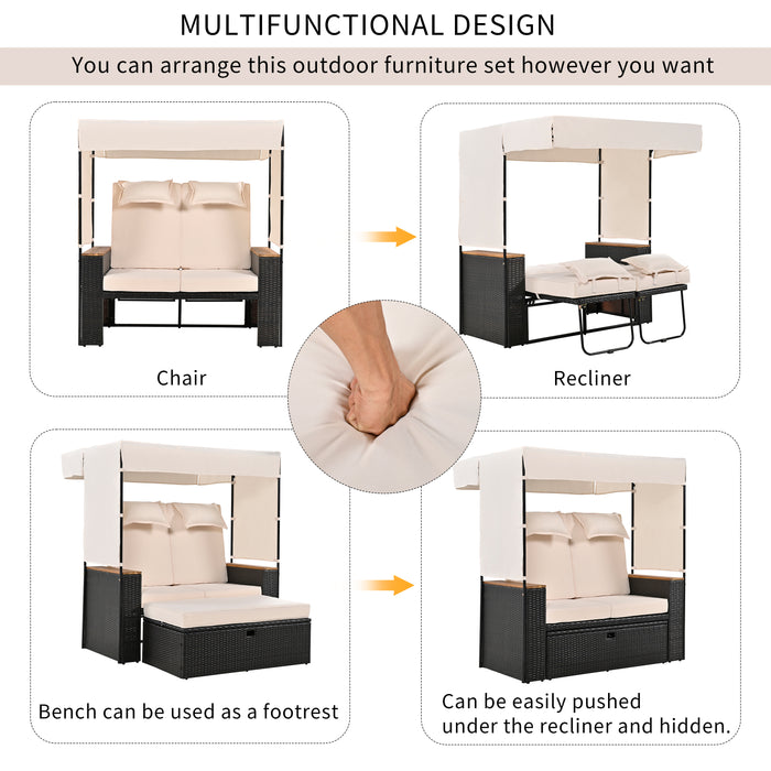 2-Piece Outdoor Rattan Daybed, Outdoor Bed with 5 Positions, Outdoor Loveseat Patio Sofa with Bench Lounge Roof Set and Cushions for Poolside, Backyard and Garden (Brown Wicker + Beige Fabric) - DTYStore