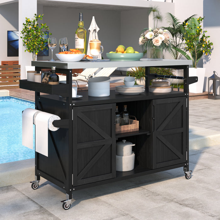 Outdoor Kitchen Island, Rolling Bar Cart & Storage Cabinet, Farmhouse Solid Wood Outdoor Grill Table with Stainless Steel Top, Spice Rack , Towel Rack for Kitchen & Barbecue, Black - DTYStore