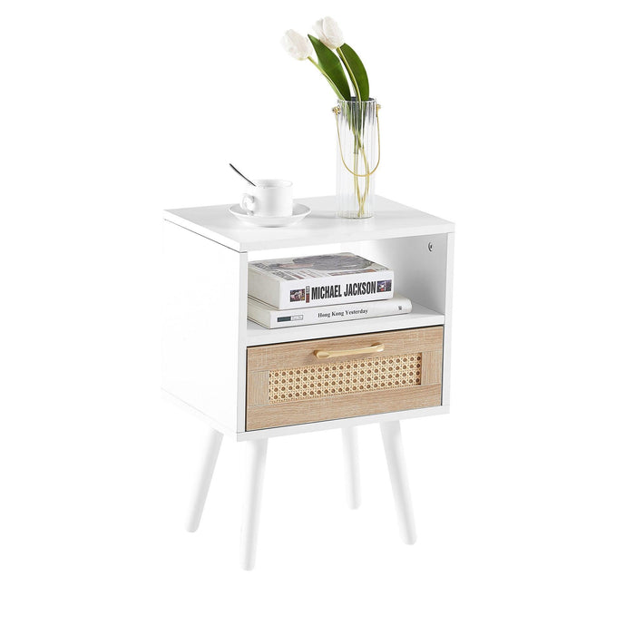 15.75" Rattan End table with drawer and solid wood legs, Modern nightstand, side table for living room, bedroom, white - DTYStore