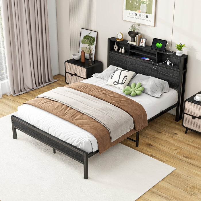 Full Size Bed Frame with Storage Headboard, Metal Platform Bed with Charging Station, Bookcase Storage, No Box Spring Needed, Easy Assembly, Noise-Free, Black - DTYStore
