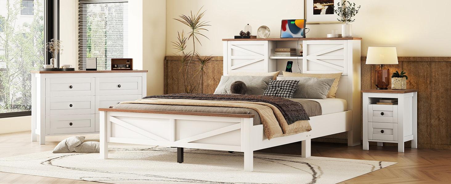 3-Pieces Bedroom Sets Queen Size Farmhouse Platform Bed with Double Sliding Door Storage Headboard, Storage Nightstand and Dresser, White+Brown