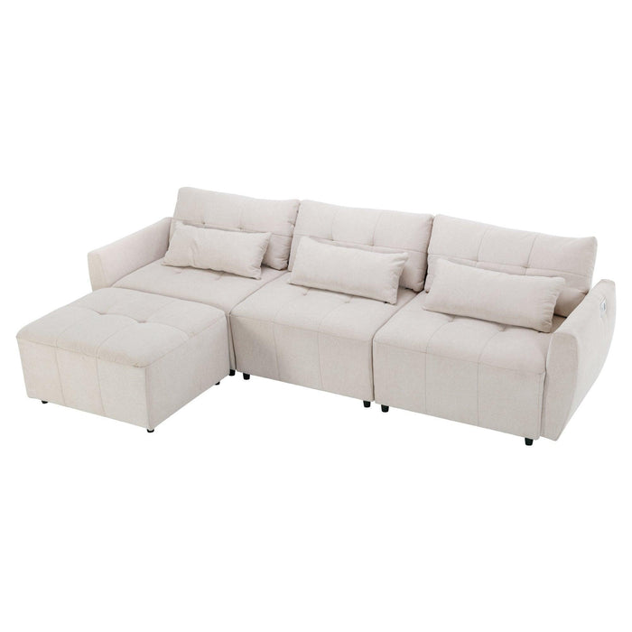 113.3" Convertible Sectional Sofa Couch 3-Seat L-Shaped with Movable Ottoman and USB