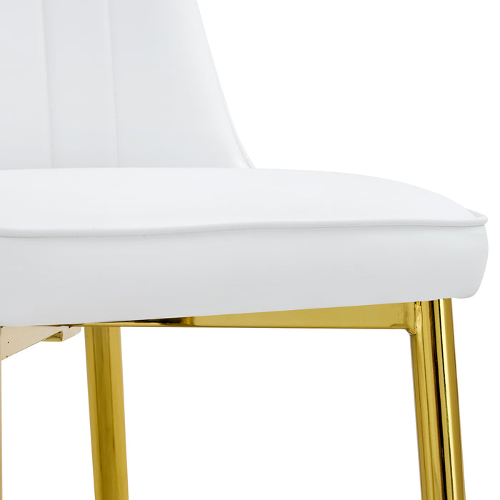 2 modern dining chairs, sleek PU leather backrest, and gold metal legs bring a comfortable home experience to the kitchen, bedroom, and office.W1151P183322 - DTYStore
