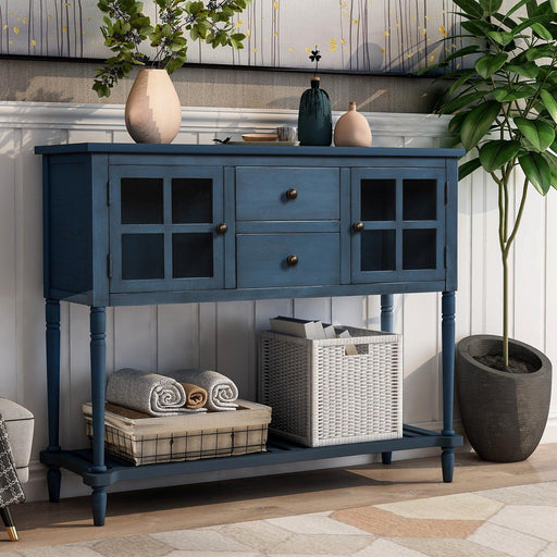Sideboard Console Table with Bottom Shelf, Farmhouse Wood/Glass Buffet Storage Cabinet Living Room (Antique Navy) - DTYStore