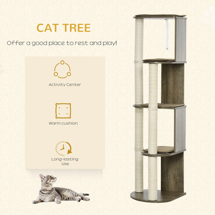 65" Corner Modern Cat Tree Tall for Climbing, Large Multilevel Cat Tower with Scratching Posts, Small-Fit Kitten Tower with Sisal, Cream White