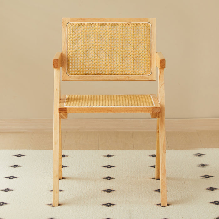 2 dining chairs, natural color, rubber wood rattan weaving technology, armrest solid wood dining chair, living room chair, simple and natural - DTYStore