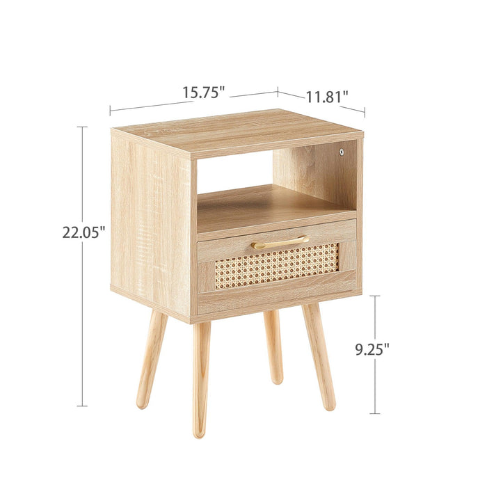 15.75" Rattan End table with drawer and solid wood legs, Modern nightstand, side table for living room, bedroom,natural - DTYStore
