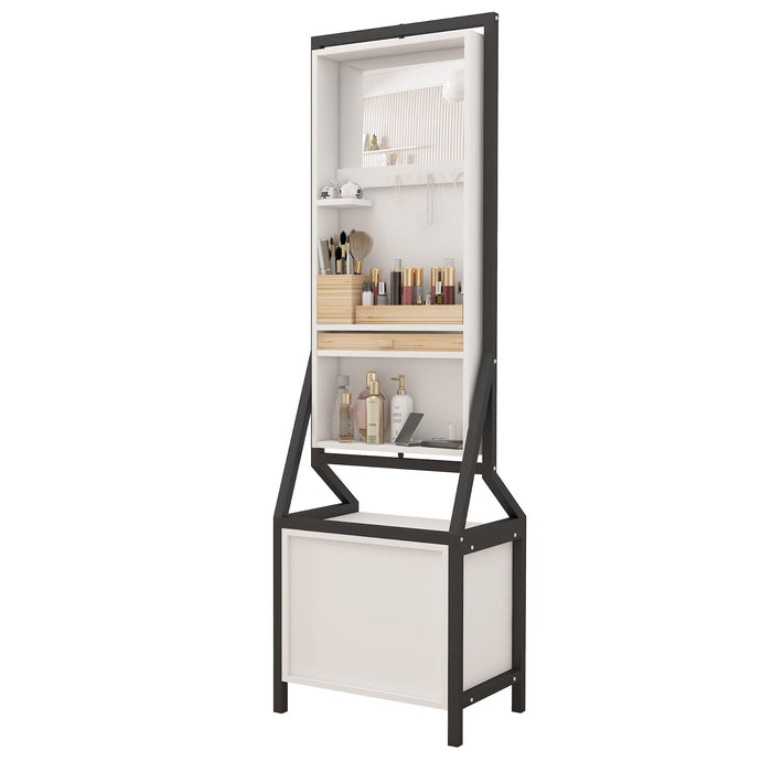 360° Swivel Jewelry Armoire & Makeup Mirror Cabinet With 2 Bottom Drawer, Rotates Freely, Spacious Storage Area, Hand-Painted & Artisan White Finish