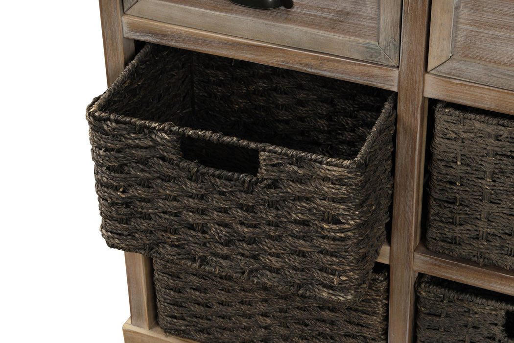 Rustic Storage Cabinet with Two Drawers and Four Classic Rattan Baskets for Living Room