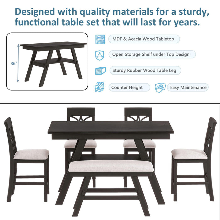 6-Piece Wood Counter Height Dining Table Set with Storage Shelf, Rustic Style, Kitchen Table Set with Bench and 4 Chairs