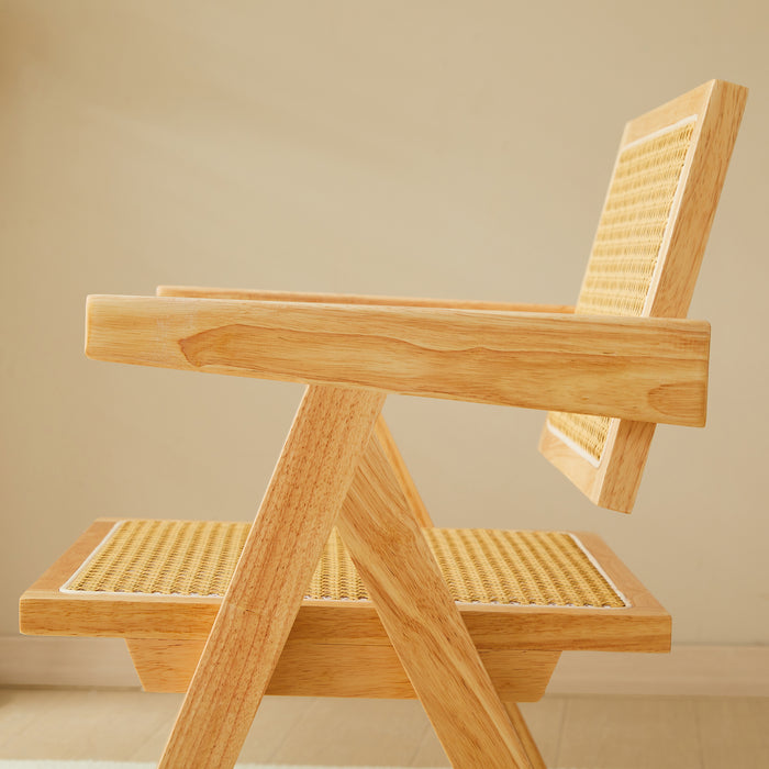 2 dining chairs, natural color, rubber wood rattan weaving technology, armrest solid wood dining chair, living room chair, simple and natural - DTYStore