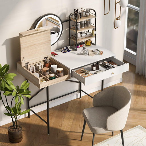 GO 40" Makeup Vanity Desk with 3-Mode Lighted Mirror & Wireless Charging Station , Vanity Table with Drawer & 3 Open Shelves for Ample Storage Space, Dressing Table for Bedroom, White - DTYStore