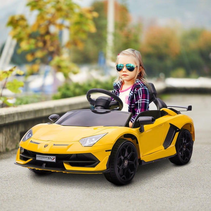 Lamborghini Aventador Licensed Kids Ride on Car with Scissor Doors, Easy Transport, 12V Electric Car for Kids with Remote Control, Suspension System, Horn, Music, Lights, Yellow