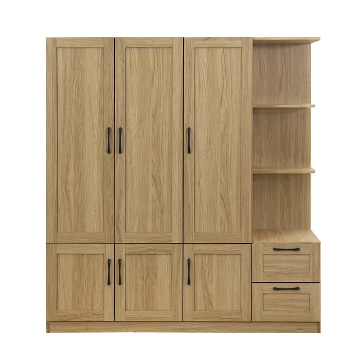 3 Door Wooden Storage Wardrobe for Dedroom with Shelves and 2 Drawers, Side Storage Shelves,Nature - DTYStore