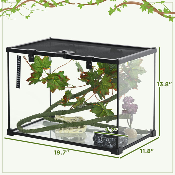14 Gallon Reptile Glass Terrarium Tank with Decor Kit, Breeding Box Full View with Visually Appealing Sliding Screen Top for Lizards, Frogs, Snakes, Spiders, 20" x 12" x 14", Black - DTYStore