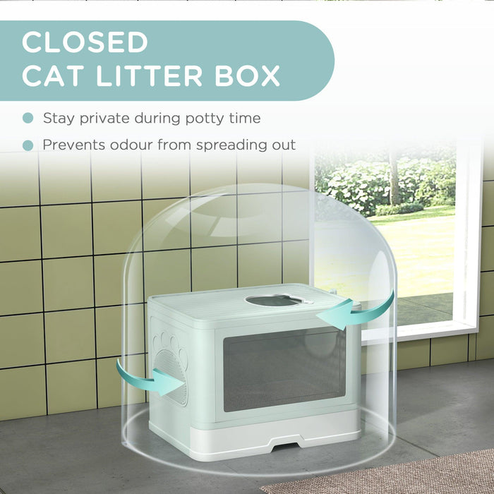 Cat Litter Box, Front Entry, Top Exit Cat Litter Tray, Odor Control Enclosed Cat Pan with Scoop, Pull-out Tray, Easy to Clean, Brush, Green