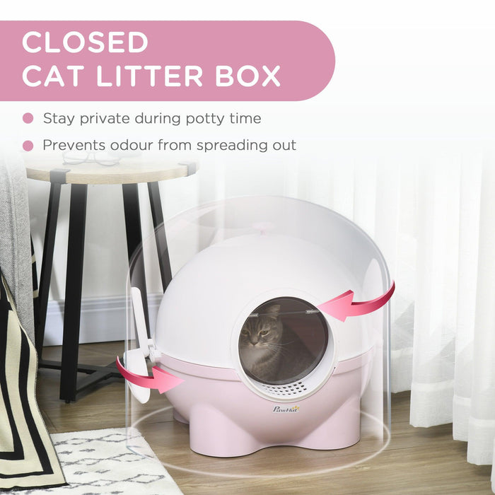 Hooded Cat Litter Box, Large Kitty Litter Pan with Lid, Scoop, Leaking Sand Pedal, Top Handle, Light Pink