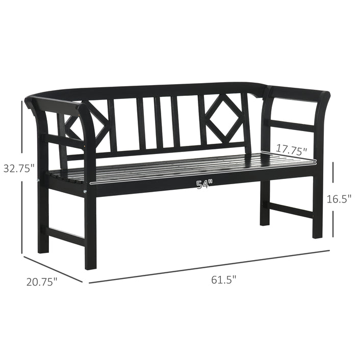 Outsunny Wooden Patio Bench, Outdoor Garden Bench with Backrest and Armrests, 3 Person Porch Bench with Rustic Country Diamond Pattern, Black - DTYStore