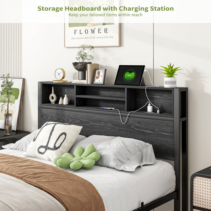 Full Size Bed Frame with Storage Headboard, Metal Platform Bed with Charging Station, Bookcase Storage, No Box Spring Needed, Easy Assembly, Noise-Free, Black - DTYStore