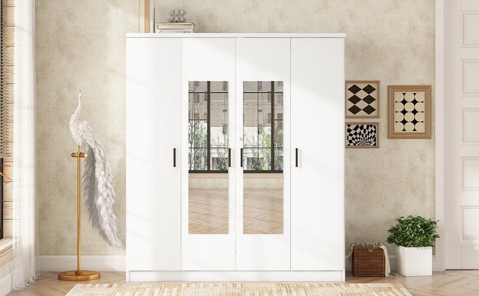 4-Door Mirror Wardrobe with shelves, White